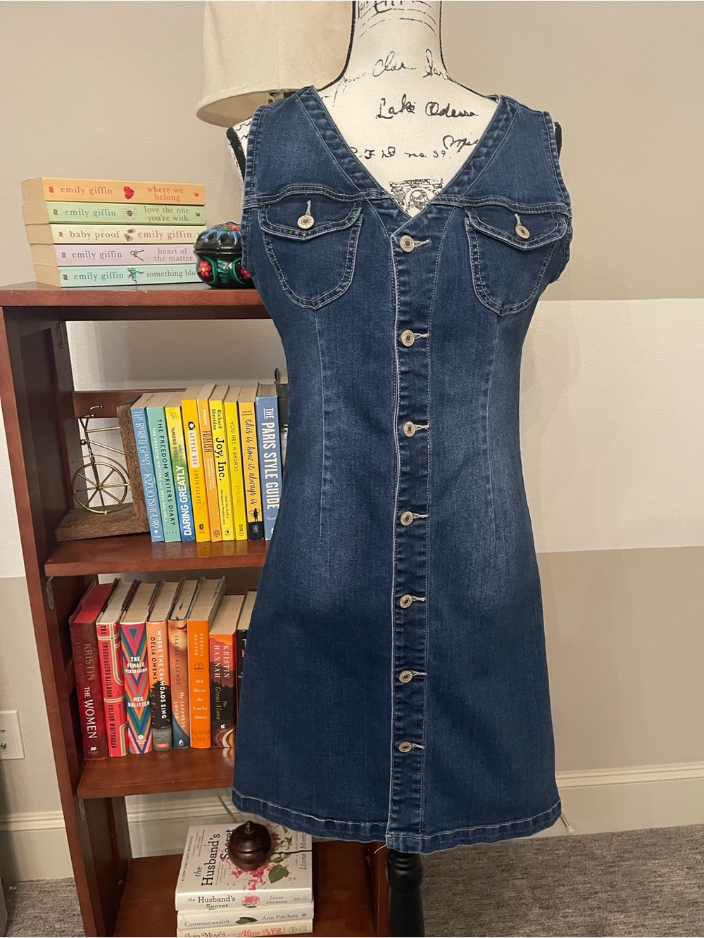 Denim Button-Front Sleeveless Dress - Dark Blue